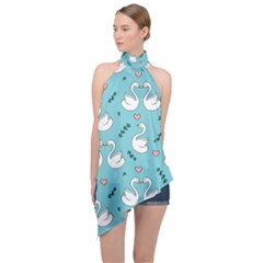 Elegant Swan Pattern Design Halter Asymmetric Satin Top by Bangk1t