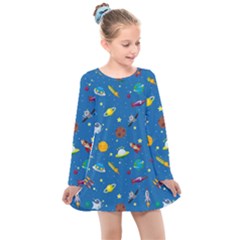 Space Rocket Solar System Pattern Kids  Long Sleeve Dress by Bangk1t