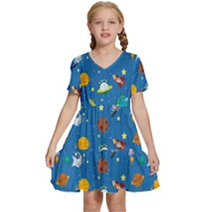 Space Rocket Solar System Pattern Kids  Short Sleeve Tiered Mini Dress by Bangk1t