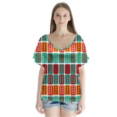 Bricks Abstract Seamless Pattern V-neck Flutter Sleeve Top by Bangk1t