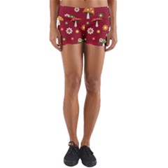 Woodland Mushroom And Daisy Seamless Pattern On Red Backgrounds Yoga Shorts by Amaryn4rt