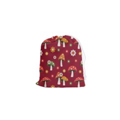 Woodland Mushroom And Daisy Seamless Pattern On Red Backgrounds Drawstring Pouch (xs) by Amaryn4rt