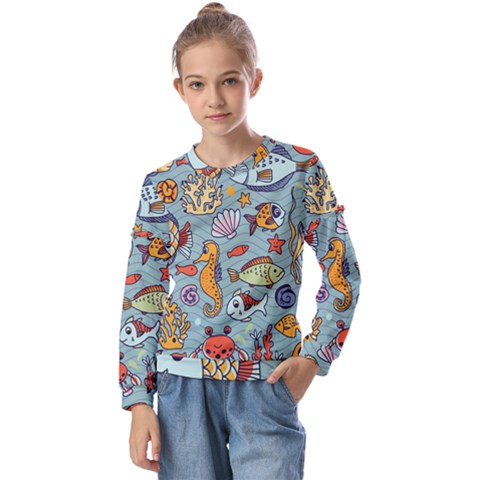 Cartoon Underwater Seamless Pattern With Crab Fish Seahorse Coral Marine Elements Kids  Long Sleeve Tee With Frill  by Grandong