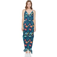 Variety Of Fish Illustration Turtle Jellyfish Art Texture Sleeveless Tie Ankle Chiffon Jumpsuit by Grandong