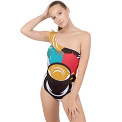 Coffee Tea Cappuccino Frilly One Shoulder Swimsuit by uniart180623