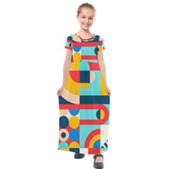 Geometric Shape Colorful Abstract Wave Kids  Short Sleeve Maxi Dress by Cowasu