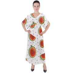 Seamless Background Pattern With Watermelon Slices V-neck Boho Style Maxi Dress by pakminggu