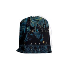 Castle Starry Night Van Gogh Parody Drawstring Pouch (medium) by Sarkoni