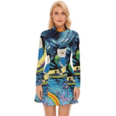 Cartoon Parody  Art Starry Night Van Gogh Long Sleeve Velour Longline Dress by Sarkoni