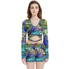 Peacocks  Fantasy Garden Velvet Wrap Crop Top And Shorts Set by Bedest