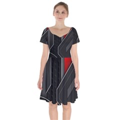 Gamer Tech Black Mesh Red Modern Shape Texture Geometric Pattern Short Sleeve Bardot Dress by Sarkoni