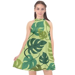 Seamless Pattern Of Monstera Leaves For The Tropical Plant Background Halter Neckline Chiffon Dress  by Grandong