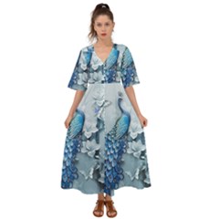 Chinese Style 3d Embossed Blue Peacock Oil Painting Kimono Sleeve Boho Dress by Grandong
