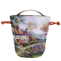 Colorful Cottage River Colorful House Landscape Garden Beautiful Painting Drawstring Bucket Bag by Grandong