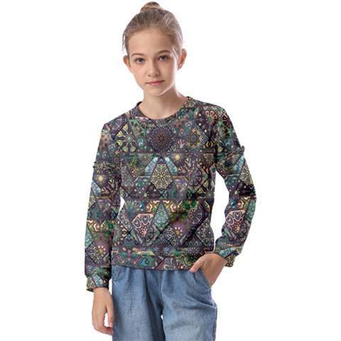 Digital Art Triangle Pattern Texture Mosaic Kids  Long Sleeve T-shirt With Frill  by Grandong