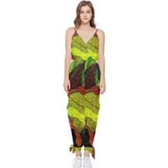 Colorful Autumn Leaves Texture Abstract Pattern Sleeveless Tie Ankle Chiffon Jumpsuit by Grandong