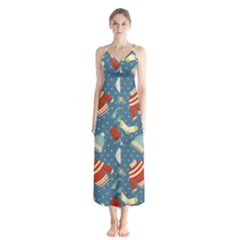 Winter Blue Christmas Snowman Pattern Button Up Chiffon Maxi Dress by Grandong