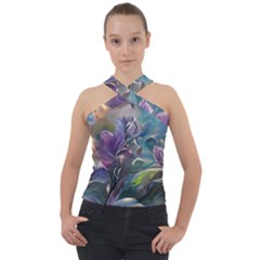 Abstract Blossoms  Cross Neck Velour Top by Internationalstore