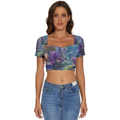 Abstract Blossoms  Short Sleeve Square Neckline Crop Top  by Internationalstore