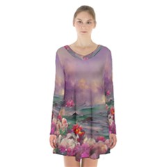 Abstract Flowers  Long Sleeve Velvet V-neck Dress by Internationalstore
