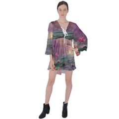 Abstract Flowers  V-neck Flare Sleeve Mini Dress by Internationalstore