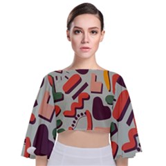 Shapes In Retro Colors On A Green Background Tie Back Butterfly Sleeve Chiffon Top by LalyLauraFLM