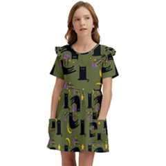 Cat Cartoon Cats Animal Pattern Kids  Frilly Sleeves Pocket Dress by Pakjumat