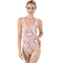 Cat Pattern Pink Cartoon High Leg Strappy Swimsuit View1