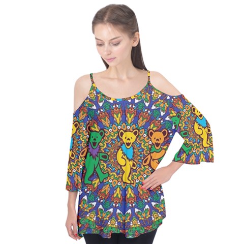 Grateful Dead Pattern Flutter Sleeve T-shirt  by Sarkoni