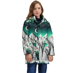 Christmas Wreath Winter Mountains Snow Stars Moon Kids  Hooded Longline Puffer Jacket by uniart180623