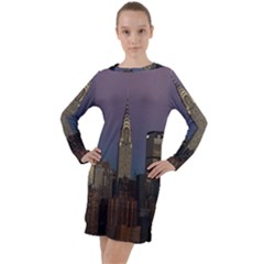 Skyline-city-manhattan-new-york Long Sleeve Hoodie Dress by Ket1n9