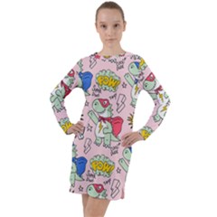 Seamless-pattern-with-many-funny-cute-superhero-dinosaurs-t-rex-mask-cloak-with-comics-style-inscrip Long Sleeve Hoodie Dress by Ket1n9