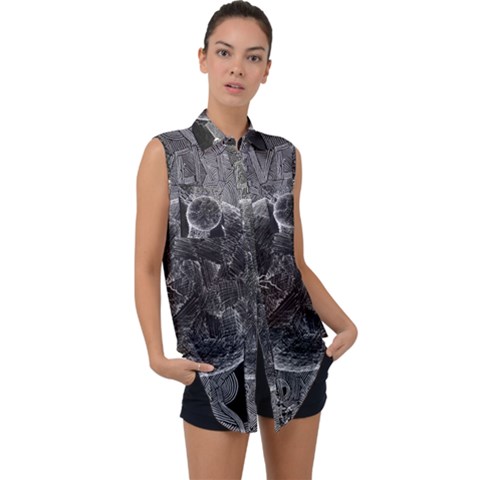Space-universe-earth-rocket Sleeveless Chiffon Button Shirt by Ket1n9