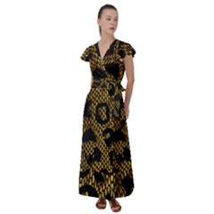 Metallic Snake Skin Pattern Flutter Sleeve Maxi Dress by Ket1n9