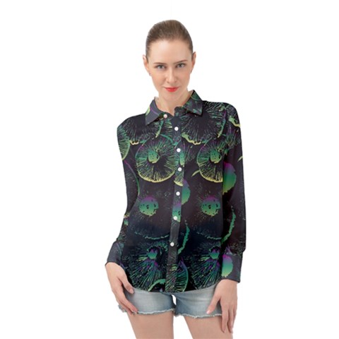 Psychedelic Mushrooms Background Long Sleeve Chiffon Shirt by Ravend