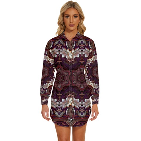 Rosette Kaleidoscope Mosaic Abstract Background Womens Long Sleeve Shirt Dress by Vaneshop