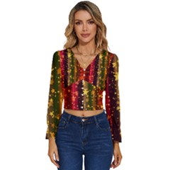 Back White Hearts Snowflakes Long Sleeve V-neck Top by Pakjumat