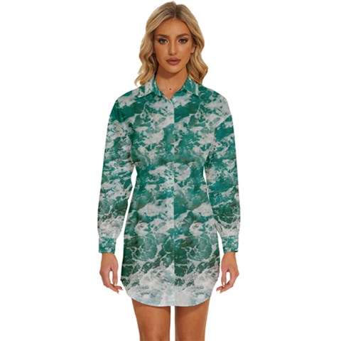 Blue Ocean Waves 2 Womens Long Sleeve Shirt Dress by Jack14