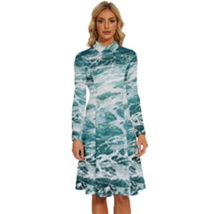 Blue Crashing Ocean Wave Long Sleeve Shirt Collar A-line Dress by Jack14