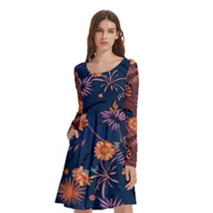 Floral Leaves Long Sleeve Knee Length Skater Dress With Pockets by flowerland