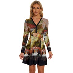 Abundance Of Fruit Severin Roesen Long Sleeve Deep V Mini Dress  by Amaryn4rt