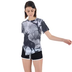 Stag-deer-forest-winter-christmas Asymmetrical Short Sleeve Sports T-shirt by Amaryn4rt
