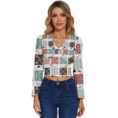 Mint Black Coral Heart Paisley Long Sleeve V-neck Top by Pakjumat