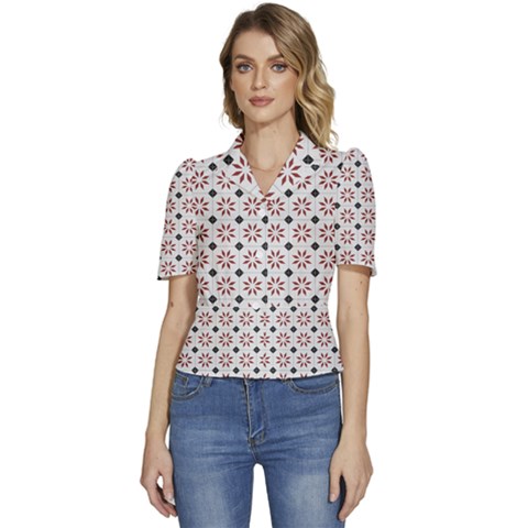 Tile Pattern Design Flowers Puffed Short Sleeve Button Up Jacket by Pakjumat