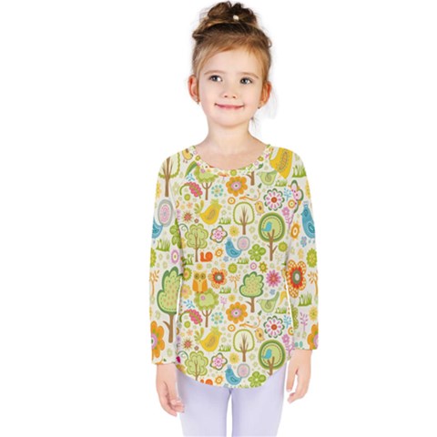Nature Doodle Art Trees Birds Owl Children Pattern Multi Colored Kids  Long Sleeve T-shirt by Pakjumat