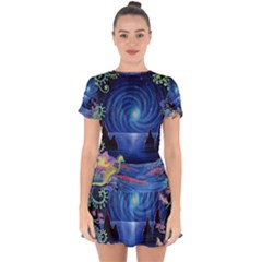 Psychedelic Mushrooms Psicodelia Dream Blue Drop Hem Mini Chiffon Dress by Modalart