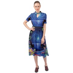 Psychedelic Mushrooms Psicodelia Dream Blue Keyhole Neckline Chiffon Dress by Modalart