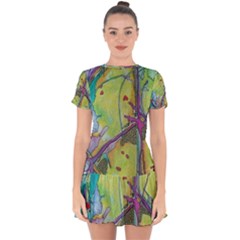 Green Peace Sign Psychedelic Trippy Drop Hem Mini Chiffon Dress by Modalart