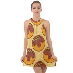 Takoyaki Food Seamless Pattern Halter Tie Back Chiffon Dress by Sarkoni