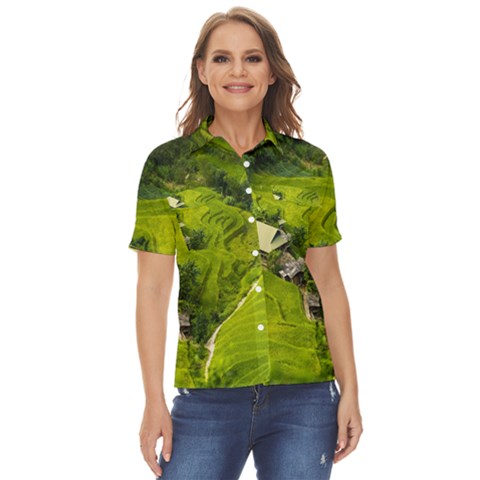 Apartment Curve Path Step Women s Short Sleeve Double Pocket Shirt by Sarkoni